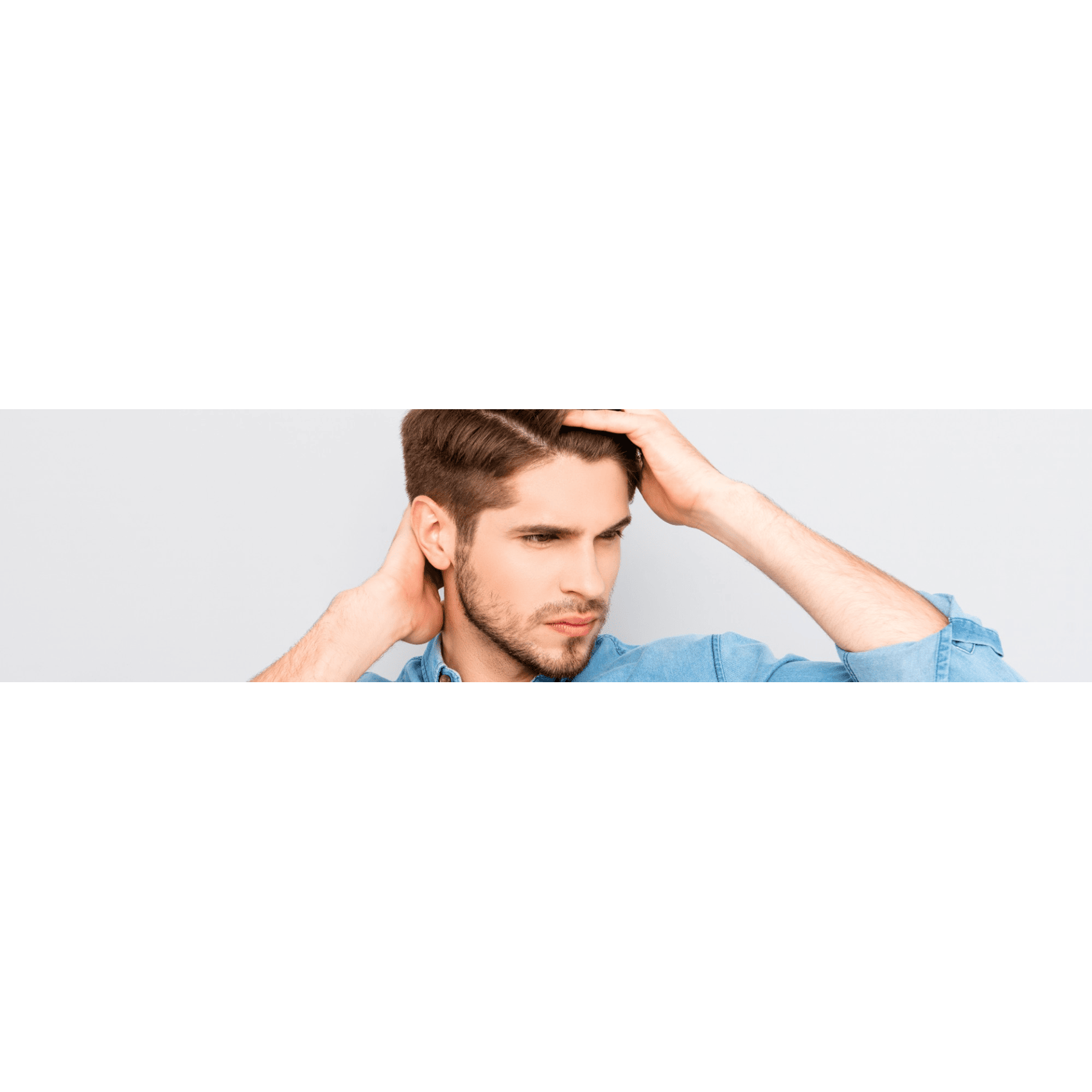 Man running hand through thick hair after successful hair transplantation surgery.