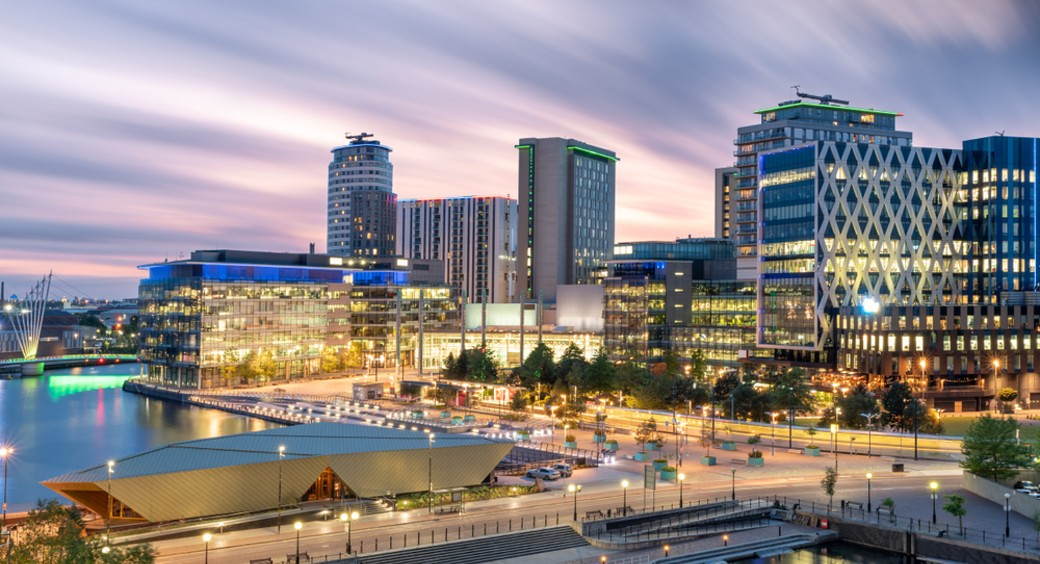 Arial view above the Salford Quays area in Manchester, UK.