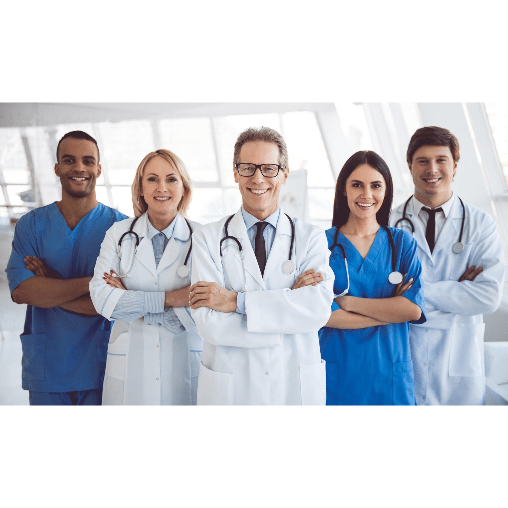 Weight loss surgery doctors smiling at hospital.